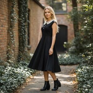 Acevog Black Lace Collar Fit and Flare Dress S Pearl Buttons Retro Rockabilly